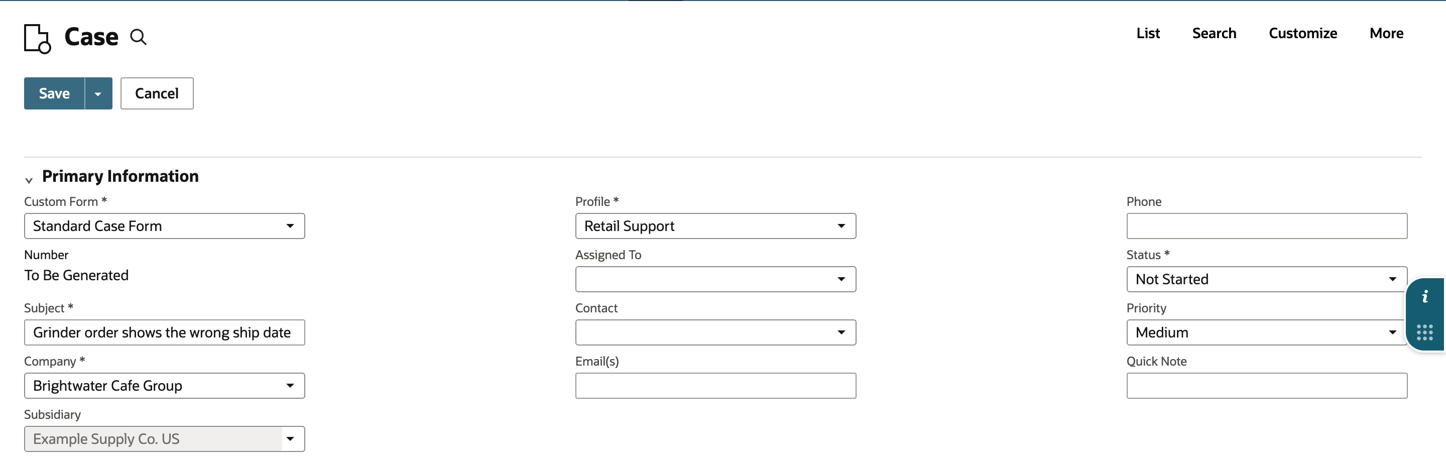 The new case form. Subject is Grinder order shows the wrong ship date, Company is Brightwater Cafe Group, Profile is Retail Support, Status is Not Started, and Priority is Medium.