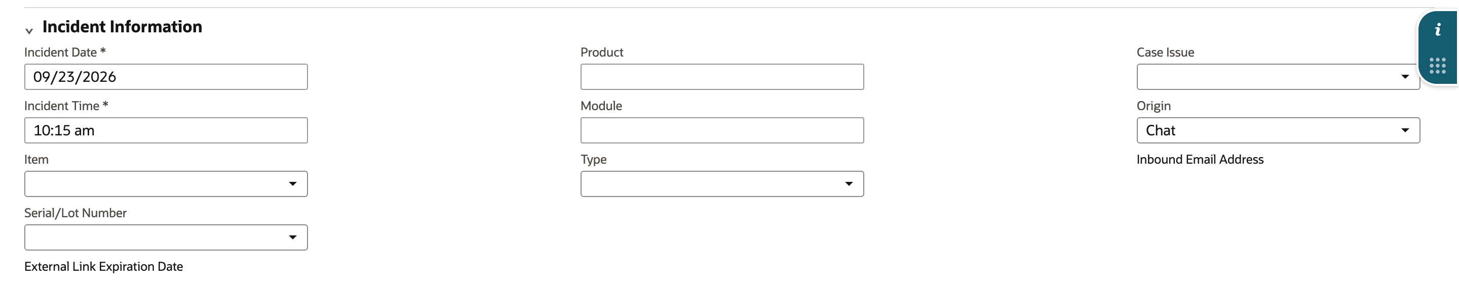 Incident Information on the new case with Origin set to Chat, next to Case Issue and Inbound Email Address.