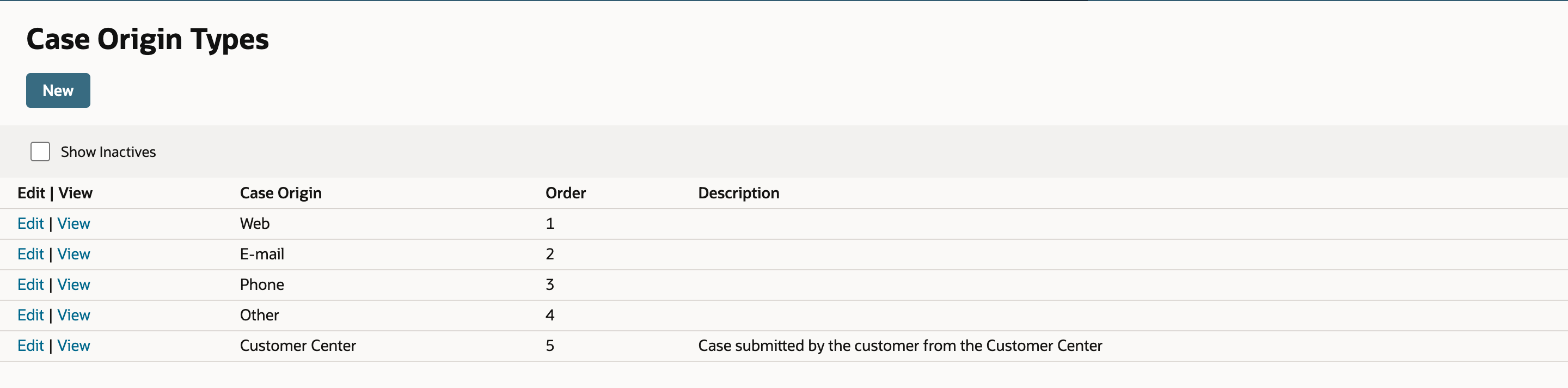 The Case Origin Types list shows Web, E-mail, Phone, Other, and Customer Center with Order 1 to 5.