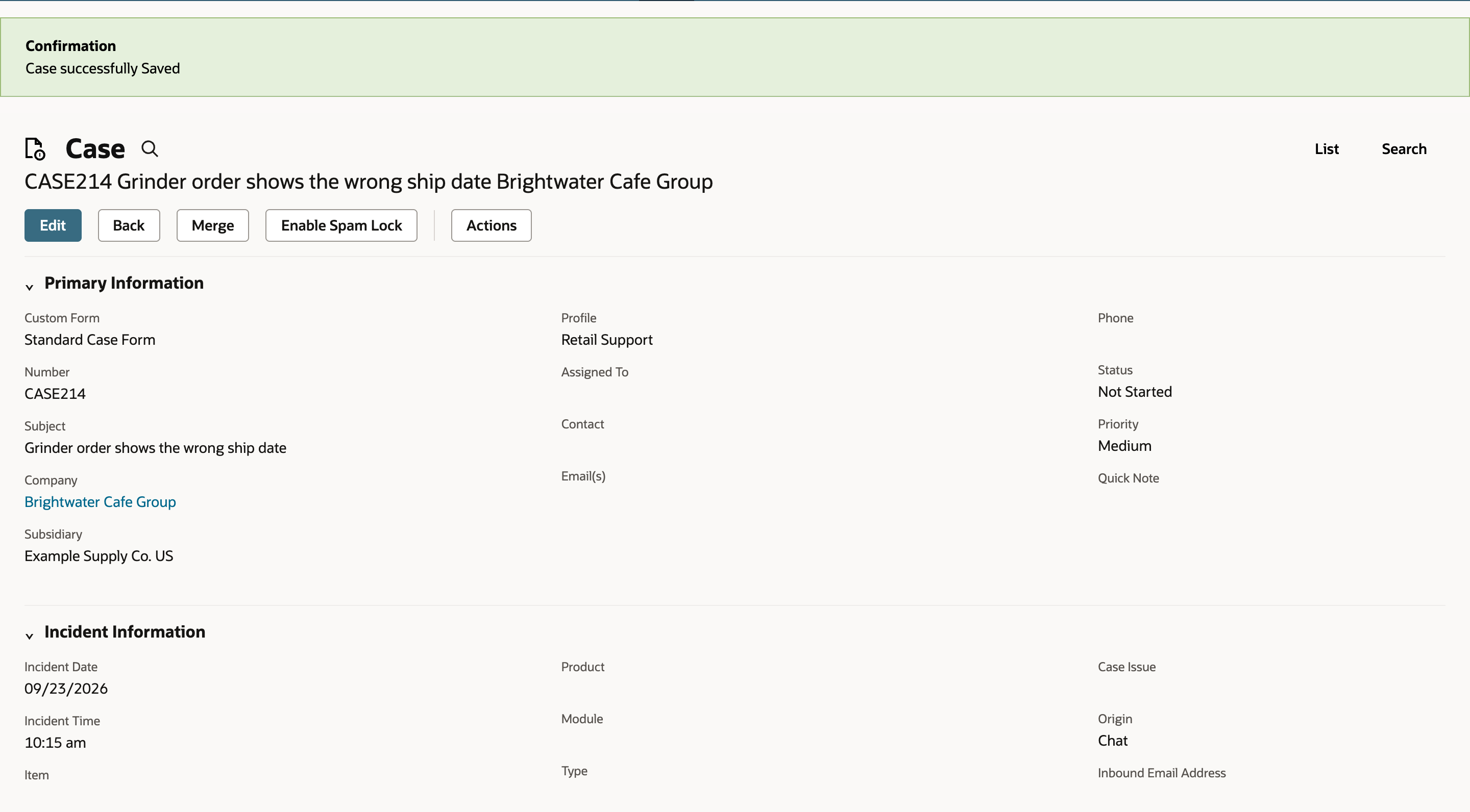 Saved case CASE214, Grinder order shows the wrong ship date, for Brightwater Cafe Group. Status is Not Started, Priority is Medium, and Origin under Incident Information is Chat.