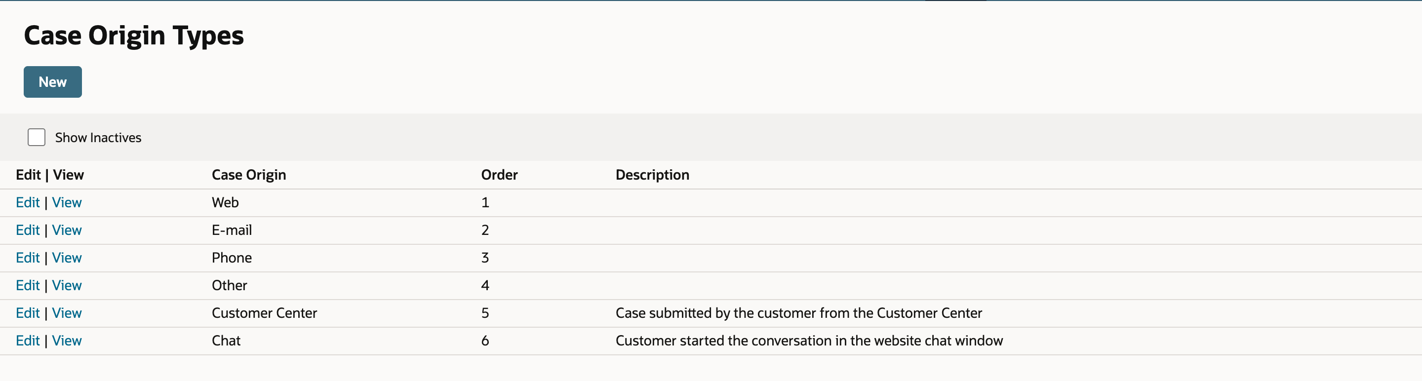 The Case Origin Types list now ends with Chat, Order 6, and the description Customer started the conversation in the website chat window.