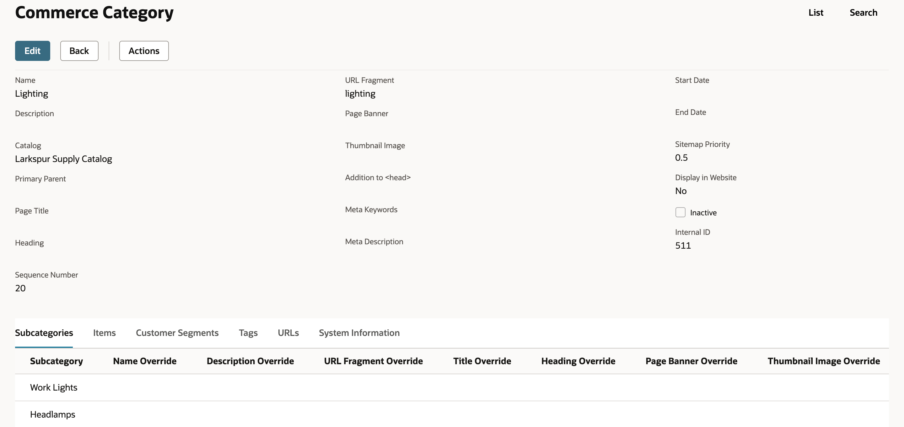 The Lighting commerce category in view mode with URL Fragment lighting, Catalog Larkspur Supply Catalog, Display in Website No, empty Heading and Description, Sequence Number 20, and subcategories Work Lights and Headlamps.