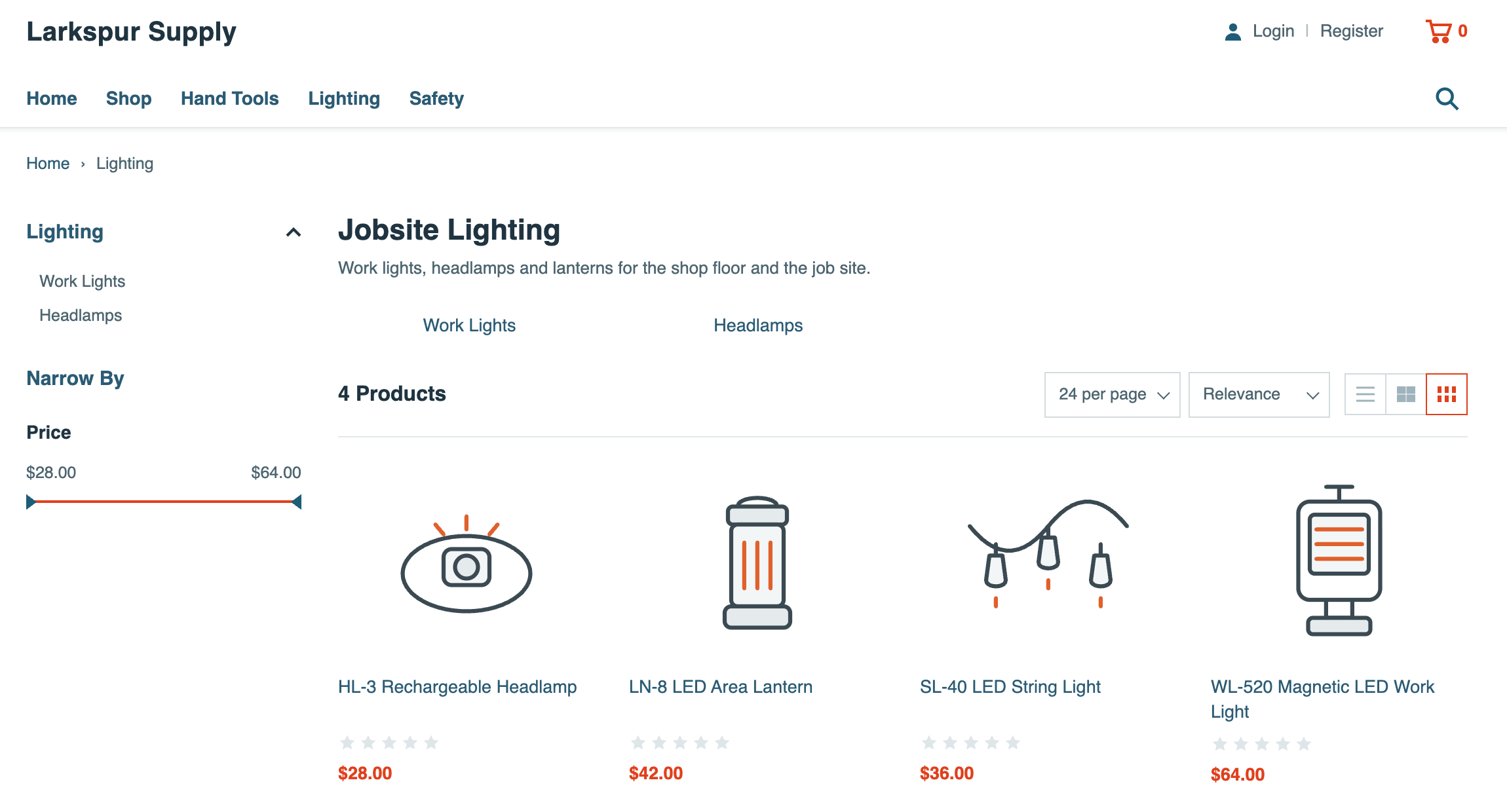 The Lighting category page with breadcrumb Home, Lighting, the heading Jobsite Lighting and its description, subcategory links Work Lights and Headlamps, and 4 Products: HL-3 Rechargeable Headlamp, LN-8 LED Area Lantern, SL-40 LED String Light and WL-520 Magnetic LED Work Light.
