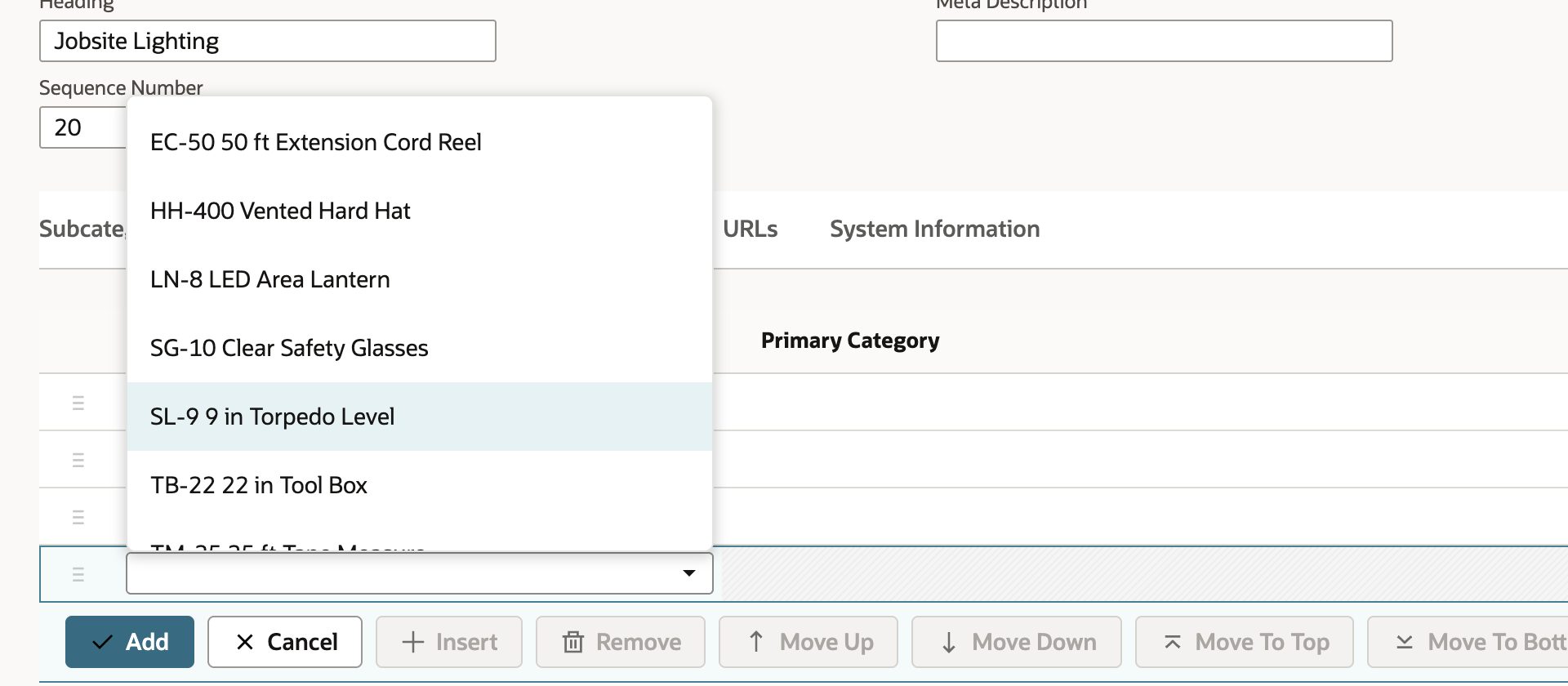The item dropdown open on a new line of the Items subtab, listing items including LN-8 LED Area Lantern.