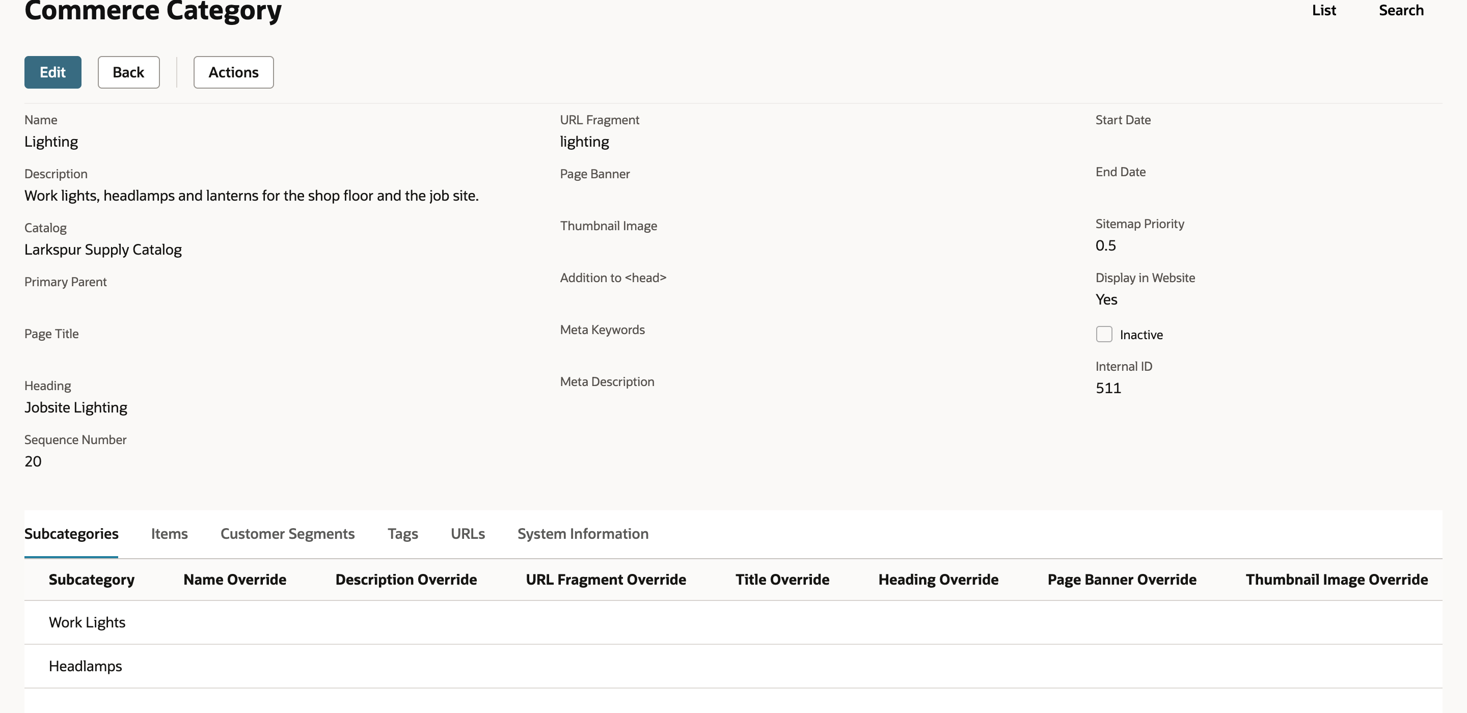 The saved Lighting category showing Description Work lights, headlamps and lanterns for the shop floor and the job site, Display in Website Yes, Heading Jobsite Lighting and Sequence Number 20.