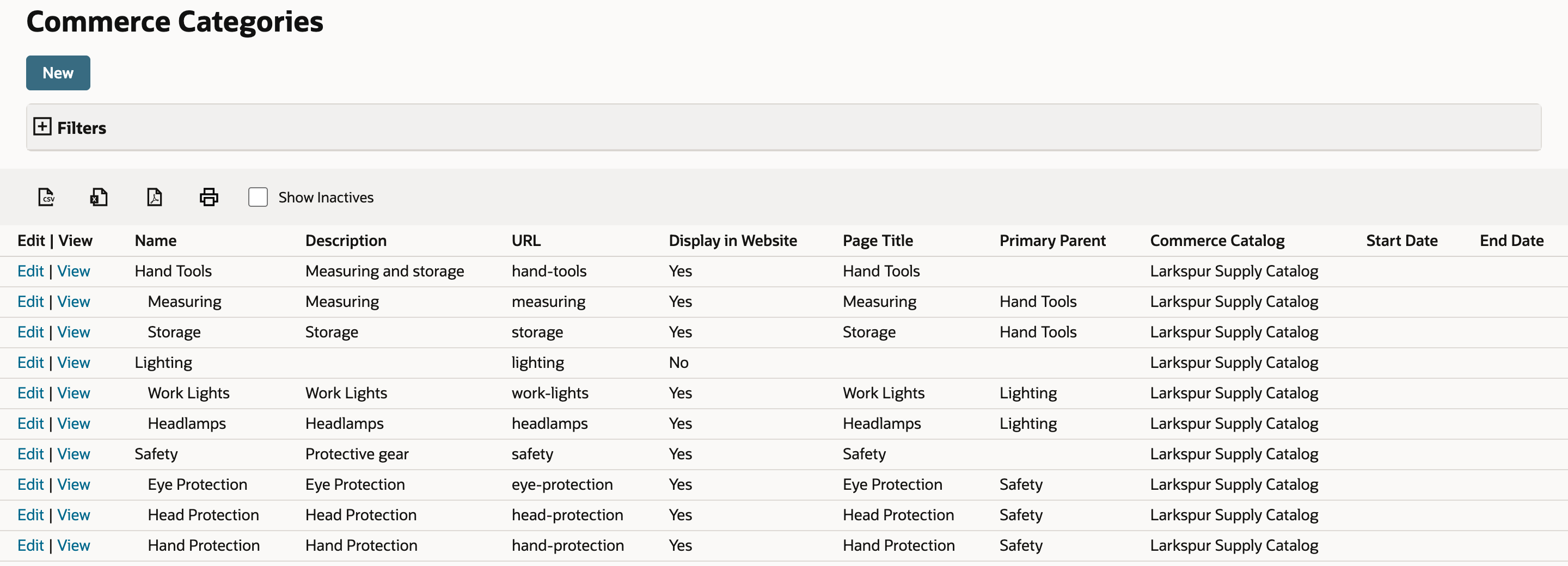 The Commerce Categories list with Hand Tools, Lighting and Safety and their indented subcategories. Every row shows Display in Website Yes except Lighting, which shows No.