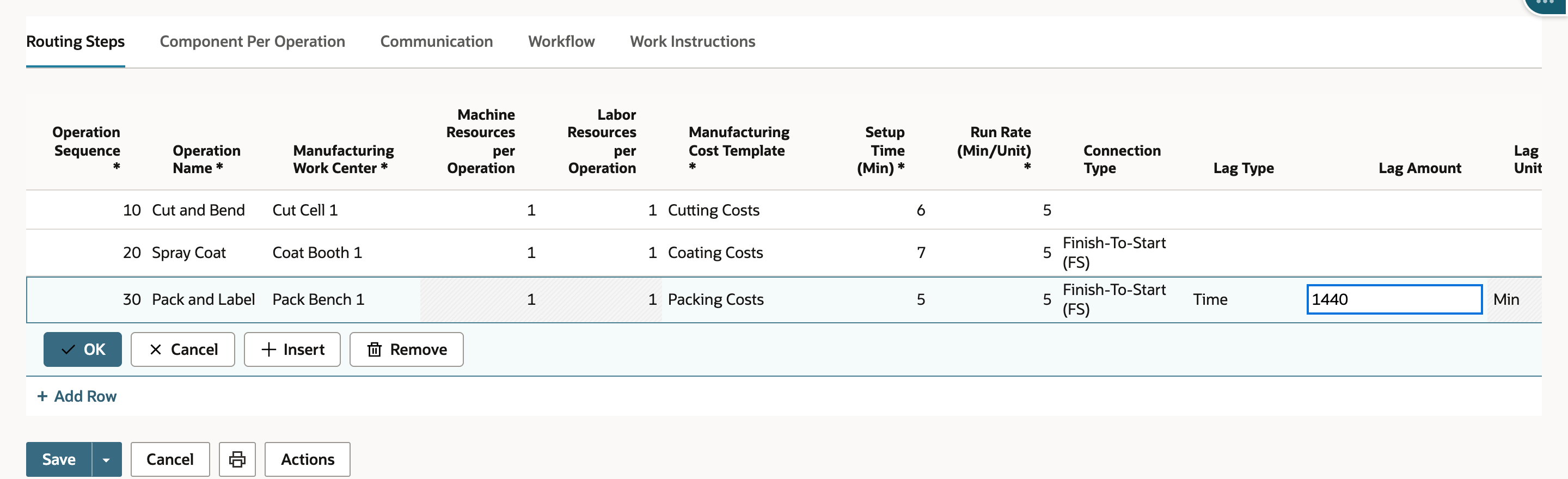 NetSuite routing step 30 open for editing with 1440 typed in Lag Amount beside Lag Type Time and Lag Units Min