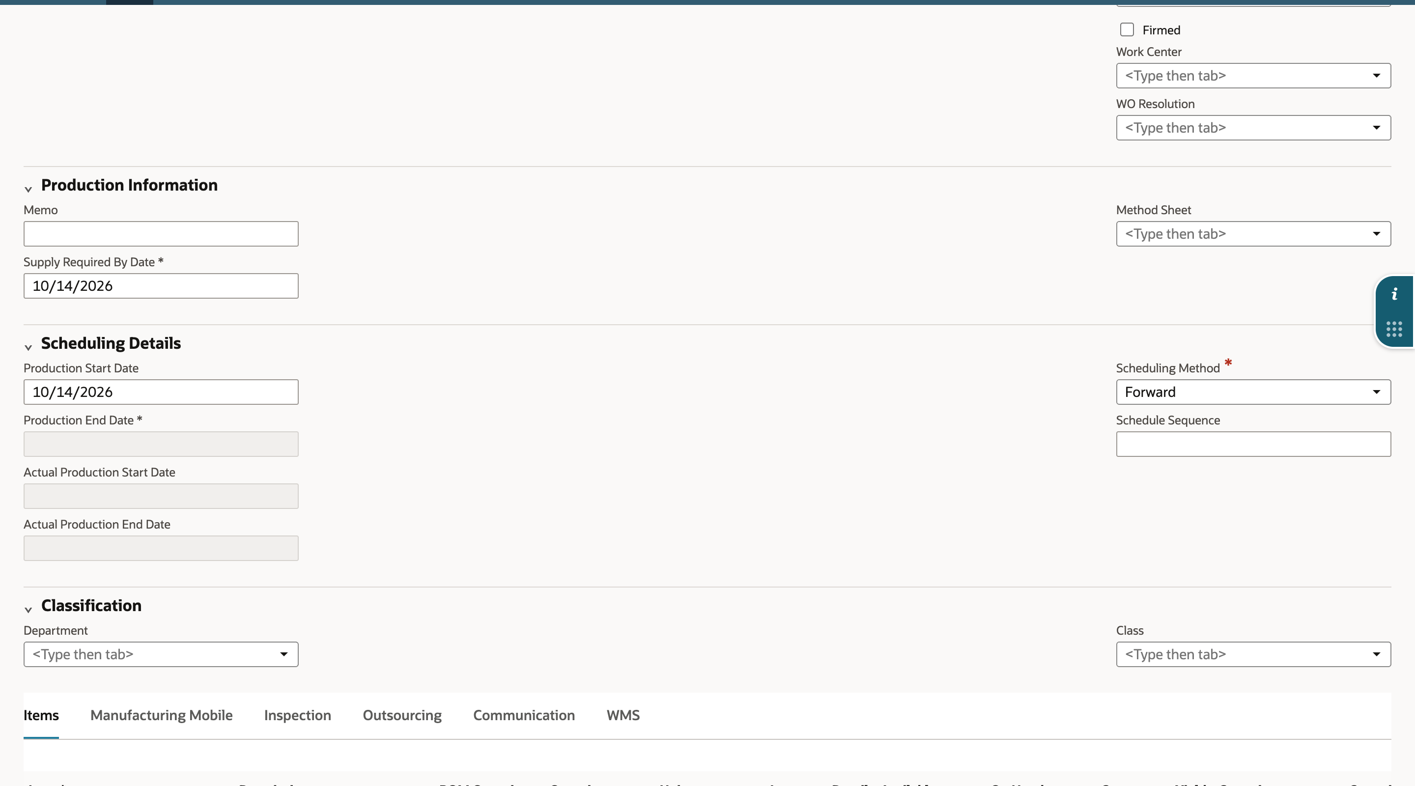 NetSuite work order Scheduling Details with Scheduling Method set to Forward and Production Start Date 10/14/2026