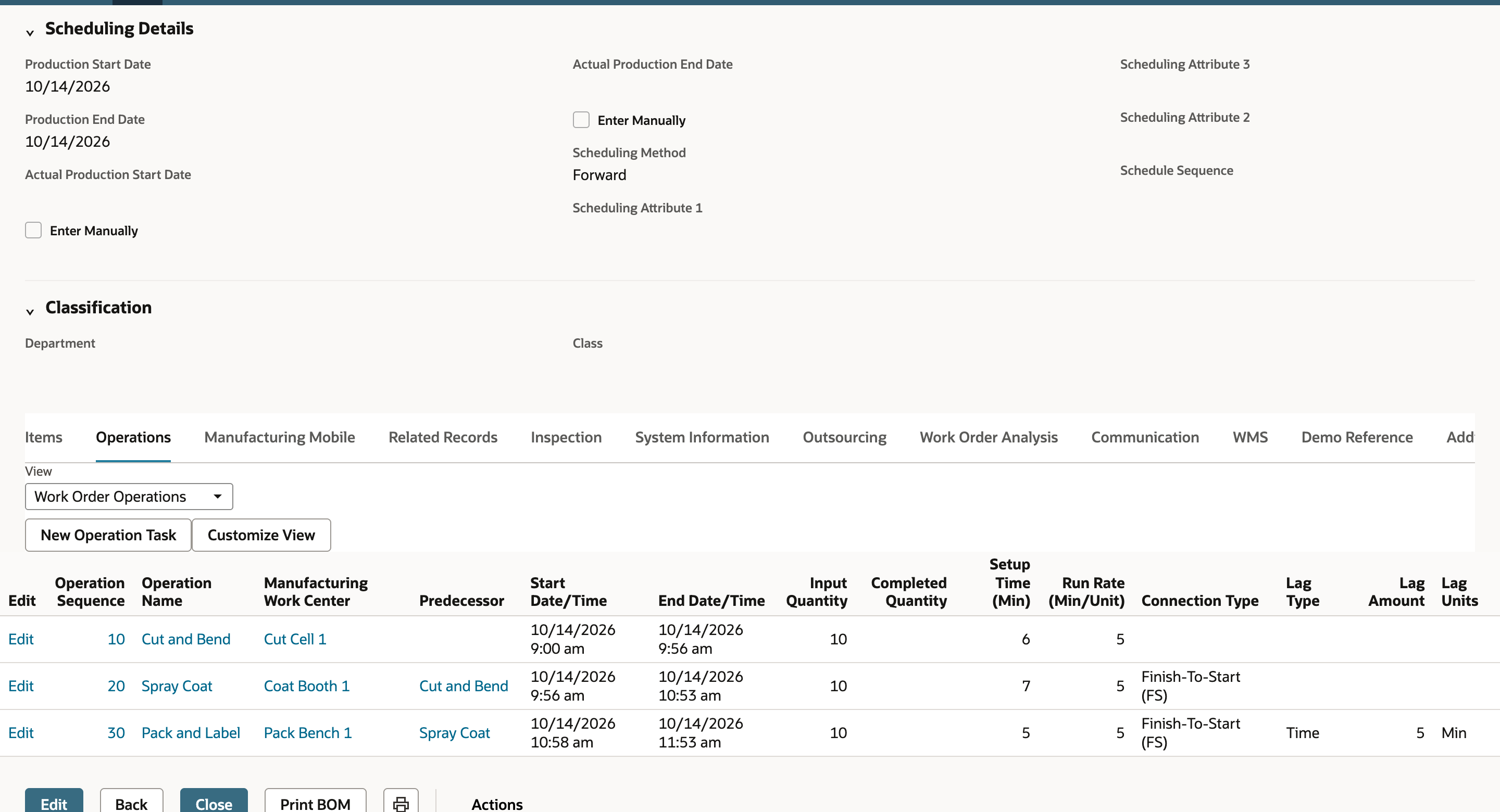 NetSuite work order WO5120 Operations subtab with Spray Coat ending at 10:53 am and Pack and Label starting at 10:58 am with Lag Amount 5