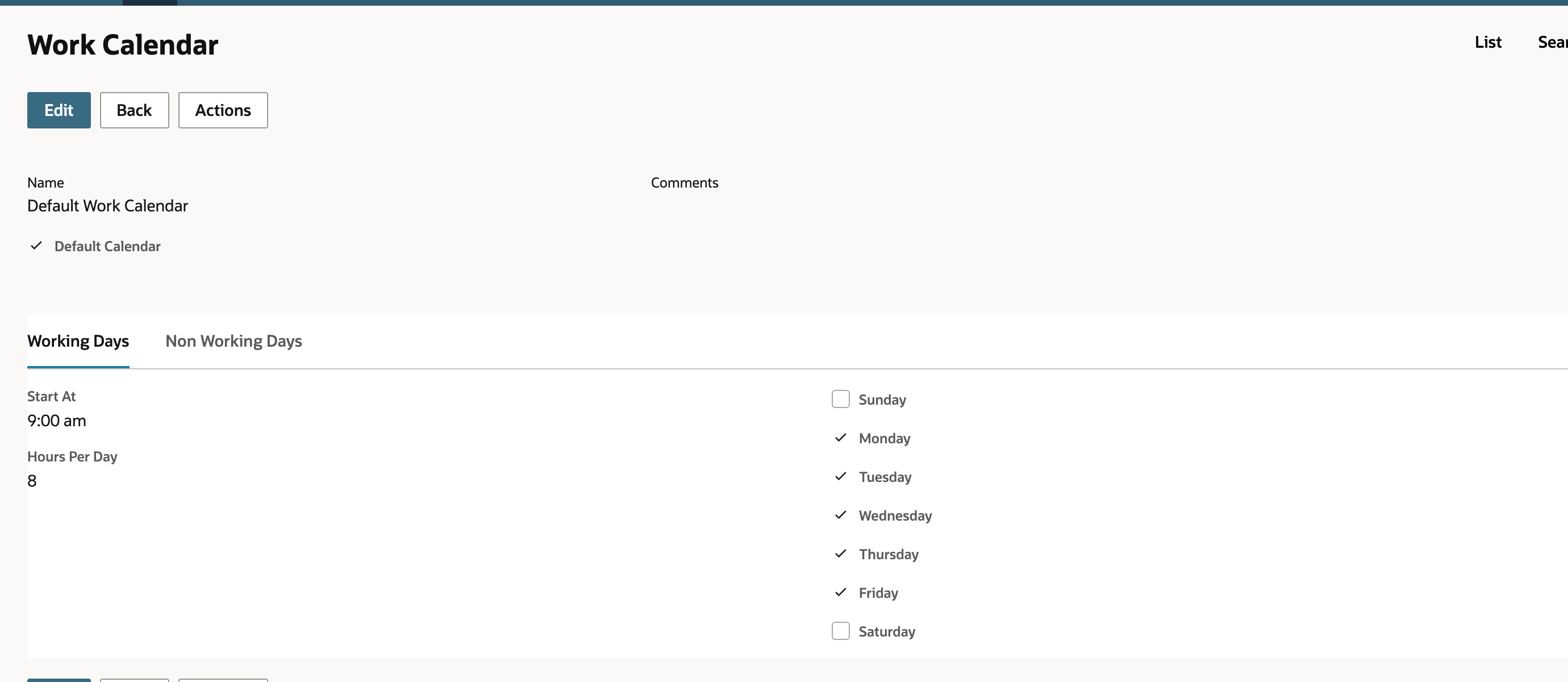 NetSuite Default Work Calendar on the Working Days subtab with Start At 9:00 am, Hours Per Day 8 and Monday to Friday ticked