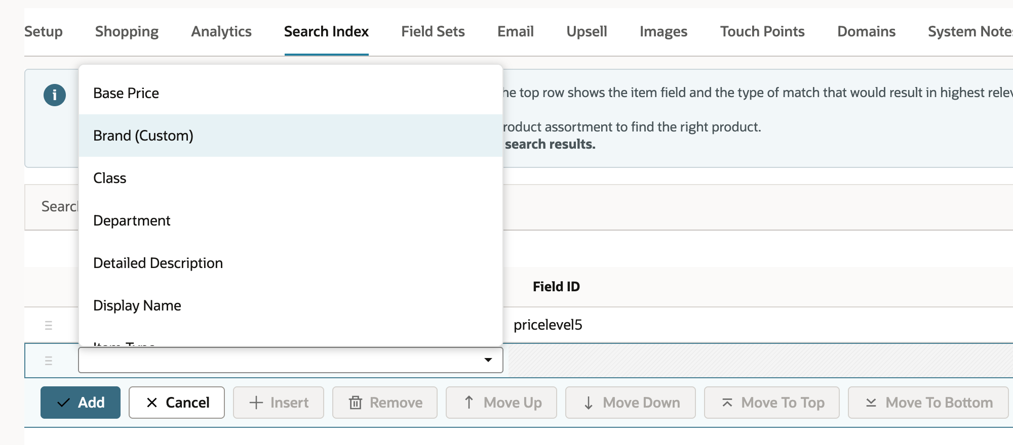 The Facet Field Name list open over the Search Index subtab, showing Base Price, Brand (Custom), Class, Department, Detailed Description, and Display Name. An arrow points to Brand (Custom).