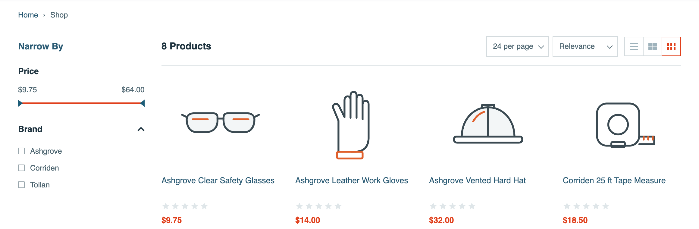 The Shop page with 8 Products. Under Price, the facet is headed Brand and shows unchecked checkboxes for Ashgrove, Corriden, and Tollan.