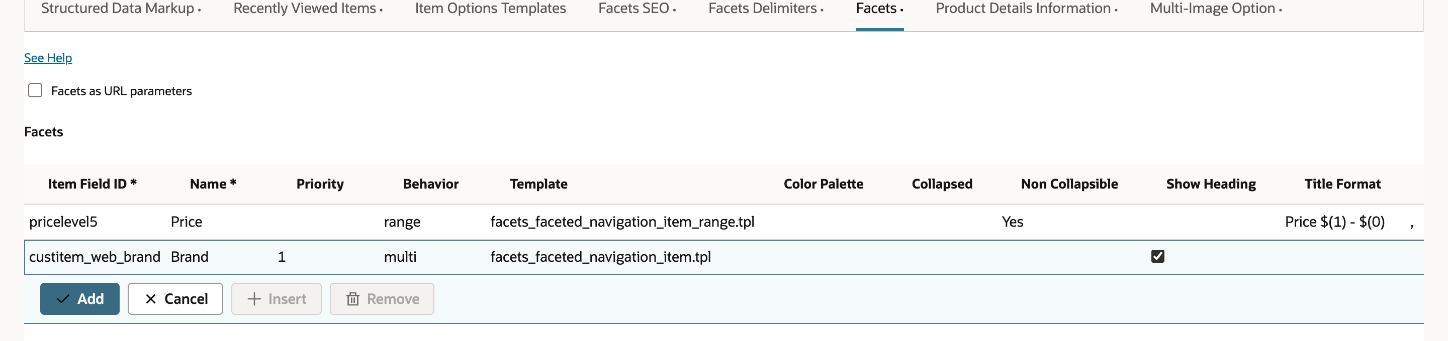 The new Facets line being edited: Item Field ID custitem_web_brand, Name Brand, Priority 1, Behavior multi, Template facets_faceted_navigation_item.tpl, and Show Heading checked. An arrow points to the Show Heading checkbox.