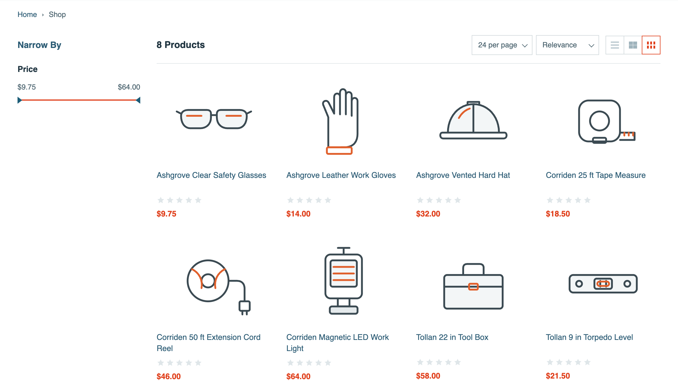 The Larkspur Supply Shop page with 8 Products. Narrow By shows only a Price slider from $9.75 to $64.00. The product names start with Ashgrove, Corriden, or Tollan.