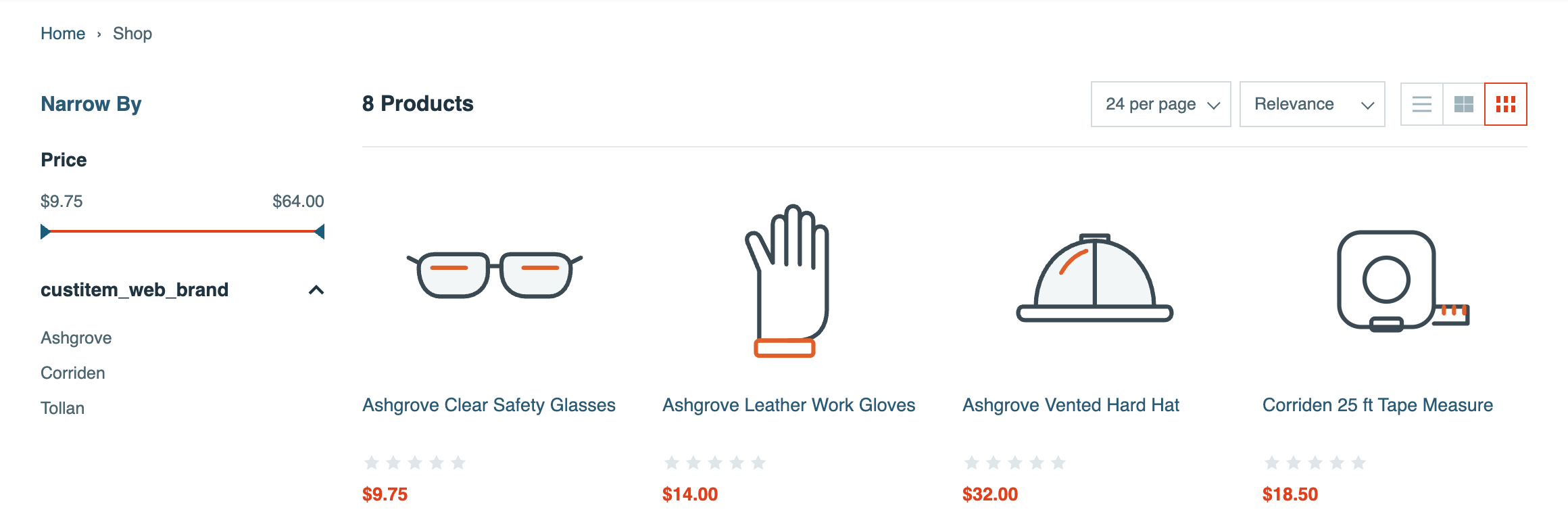 The Shop page after indexing. Under Price, a new facet headed custitem_web_brand lists Ashgrove, Corriden, and Tollan as links. The listing still shows 8 Products.