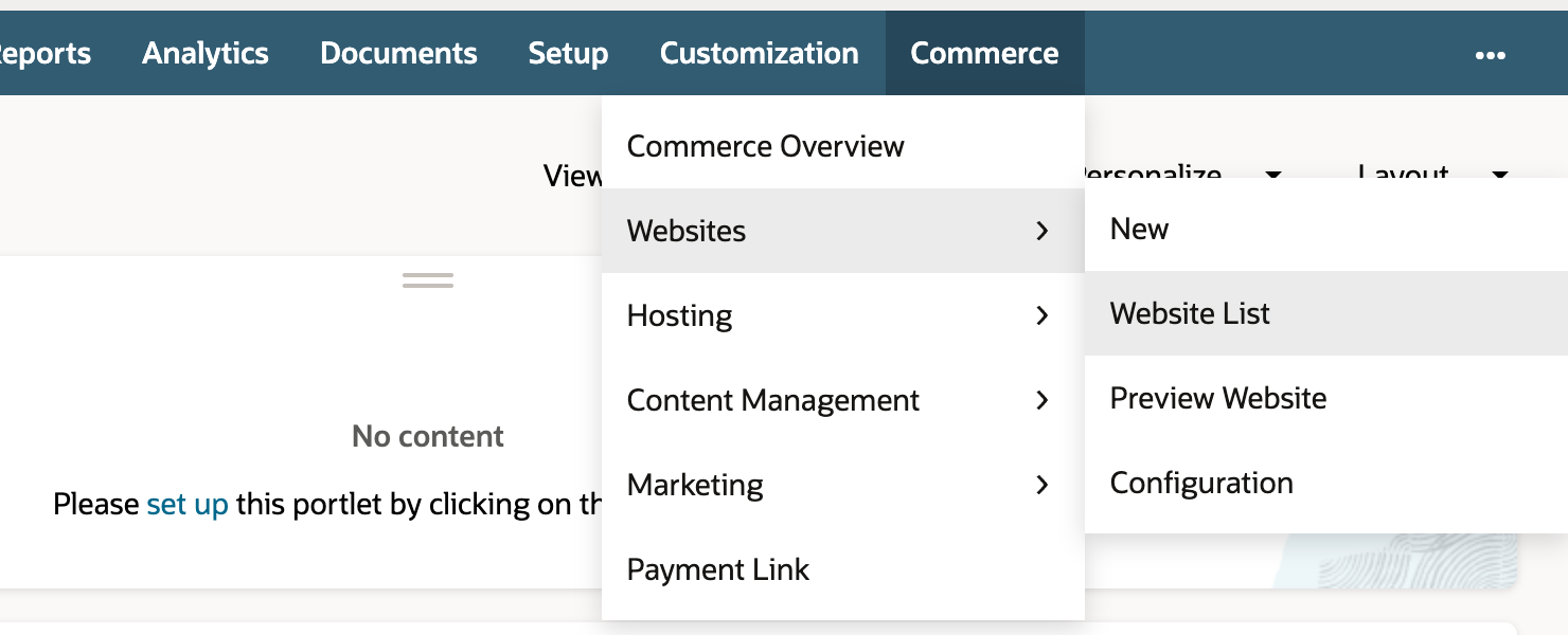 The Commerce menu open with Websites expanded, showing New, Website List, Preview Website, and Configuration. An arrow points to Website List.