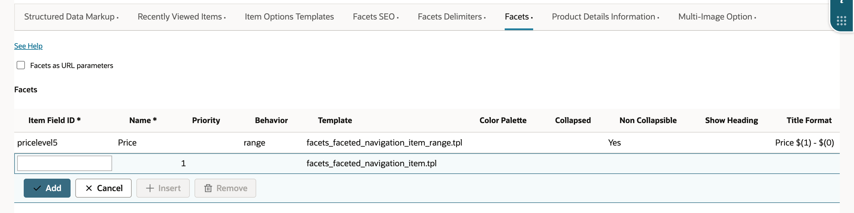 The Facets subtab of Shopping Catalog. The Facets grid has one saved line: pricelevel5, Name Price, Behavior range, Template facets_faceted_navigation_item_range.tpl.