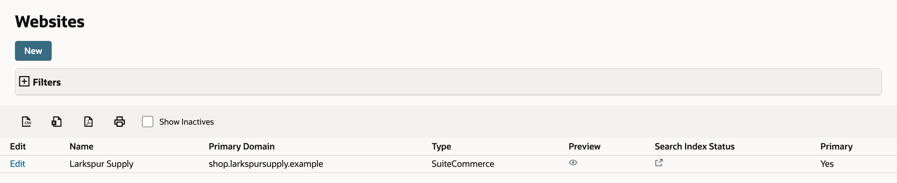 The Websites list with one row: Larkspur Supply, primary domain shop.larkspursupply.example, Type SuiteCommerce, Primary Yes, and an Edit link.