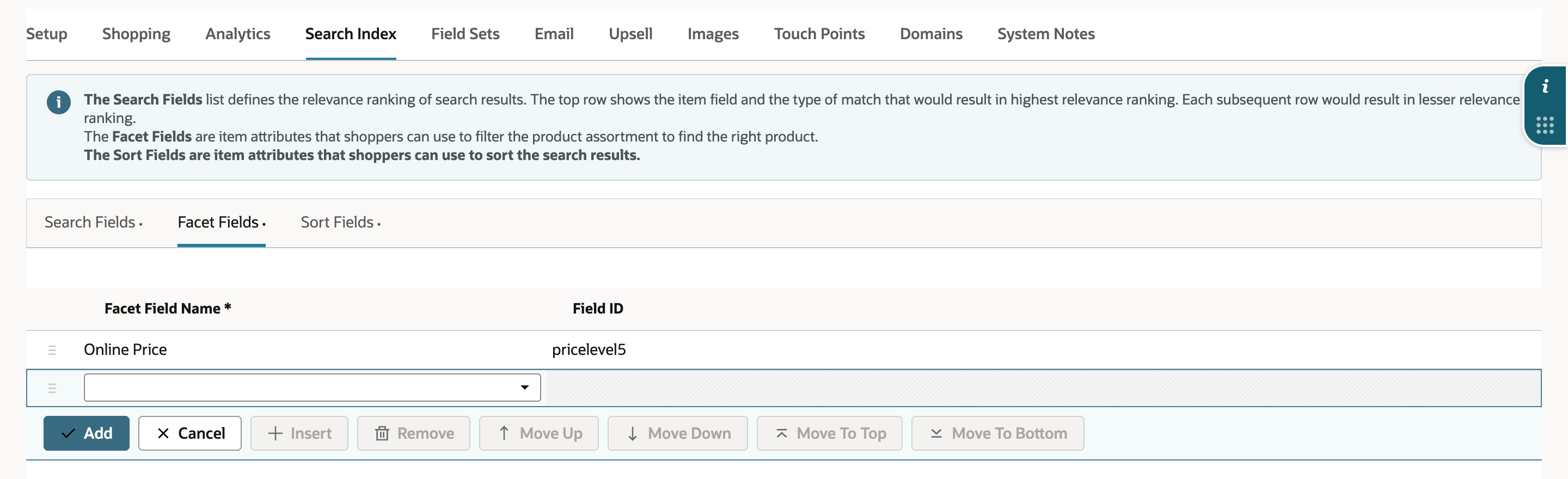 The website record's Search Index subtab with the Facet Fields sublist selected. It has one line, Online Price with Field ID pricelevel5, and an empty new line below it.
