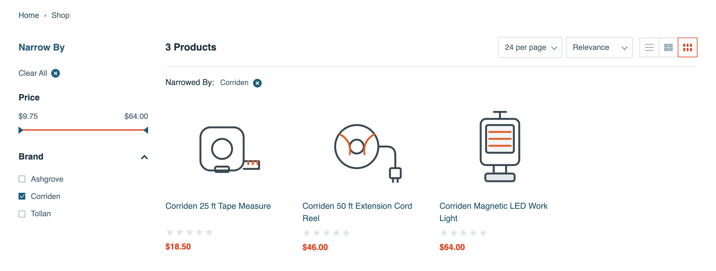The Shop page with Corriden checked under Brand. The listing shows 3 Products and Narrowed By: Corriden, with Corriden 25 ft Tape Measure, Corriden 50 ft Extension Cord Reel, and Corriden Magnetic LED Work Light.