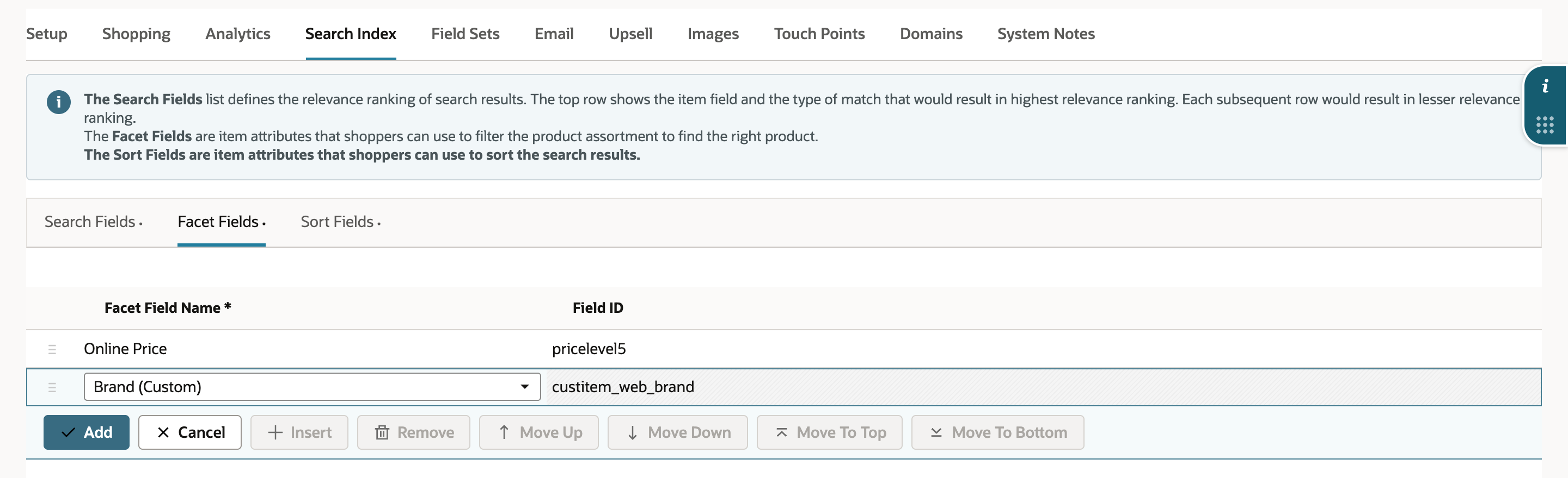 The Facet Fields new line with Brand (Custom) selected and Field ID custitem_web_brand filled in, below the Online Price line.