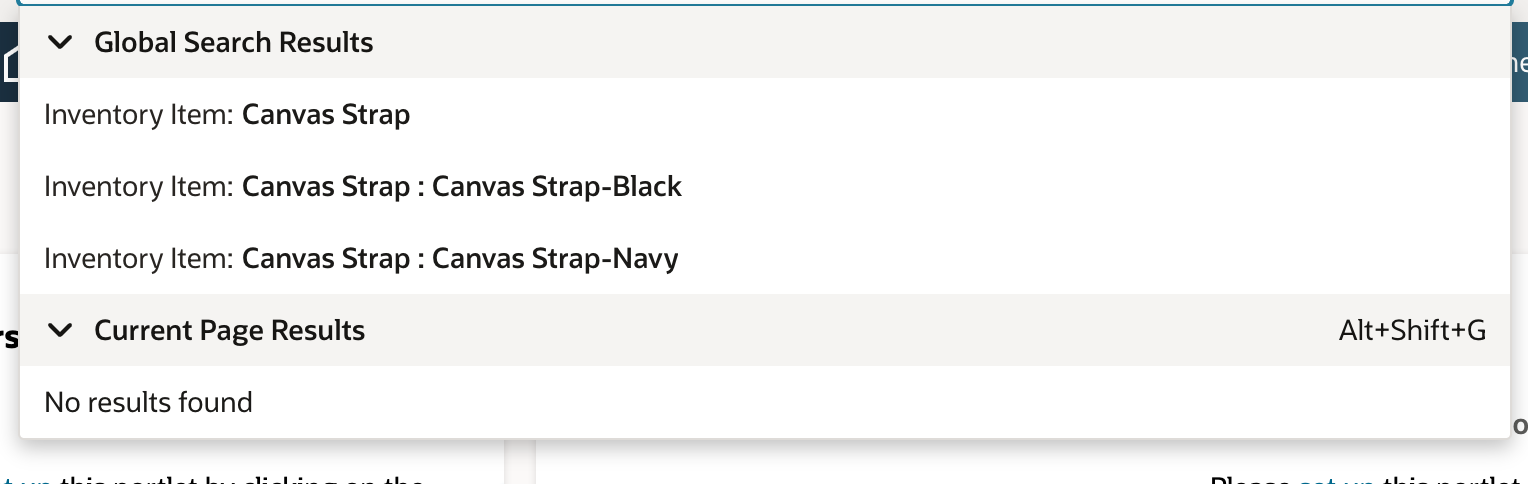 The Global Search results for Canvas Strap. Inventory Item: Canvas Strap is the first result, with Canvas Strap : Canvas Strap-Black and Canvas Strap : Canvas Strap-Navy below it. An arrow points to the parent result.