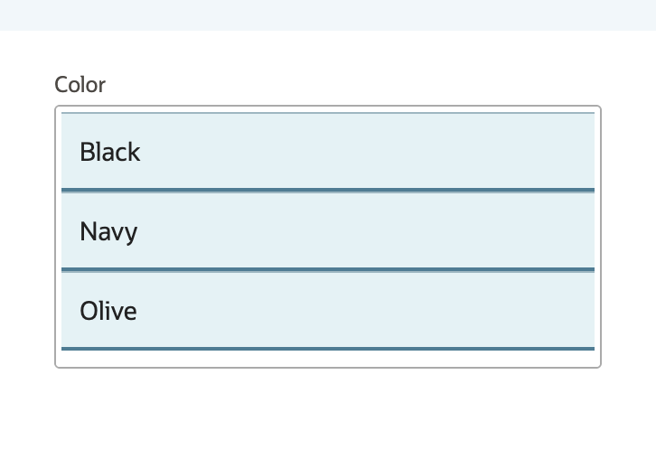 The Color box with Black, Navy and Olive all selected. Selected values are filled light blue with a dark underline.