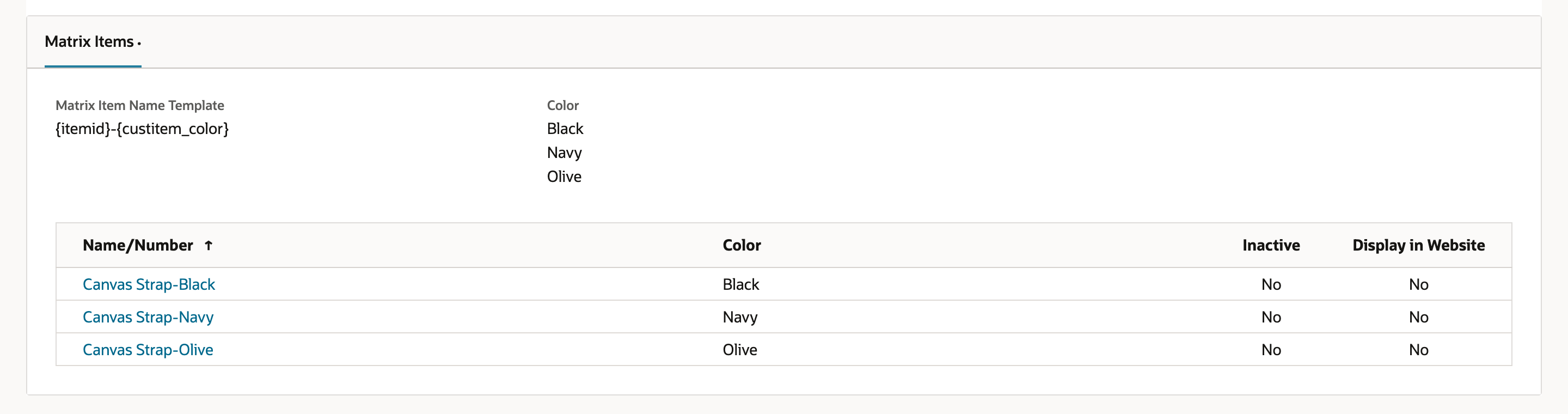 The Canvas Strap Matrix Items subtab. The template reads {itemid}-{custitem_color}, Color shows Black, Navy and Olive, and the child list has Canvas Strap-Black, Canvas Strap-Navy and Canvas Strap-Olive, each with Inactive No and Display in Website No.