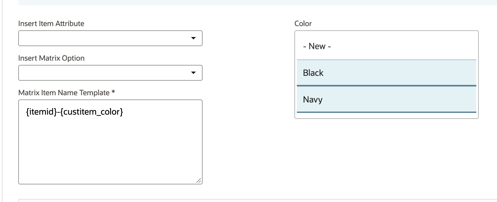 The Matrix Items subtab in edit mode. The Color box has Black and Navy selected. The Matrix Item Name Template reads {itemid}-{custitem_color}.