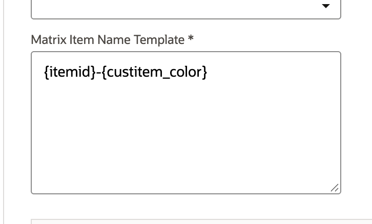 The Matrix Item Name Template reads {itemid}-{custitem_color}, under the empty Insert Item Attribute and Insert Matrix Option lists.