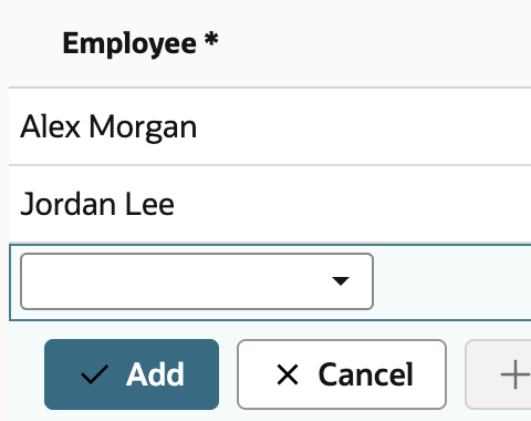 Alex Morgan and Jordan Lee appear in the Employee column above the inline Add and Cancel controls.