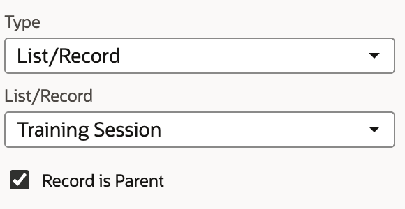 Session has Type List/Record, target Training Session and Record is Parent checked.