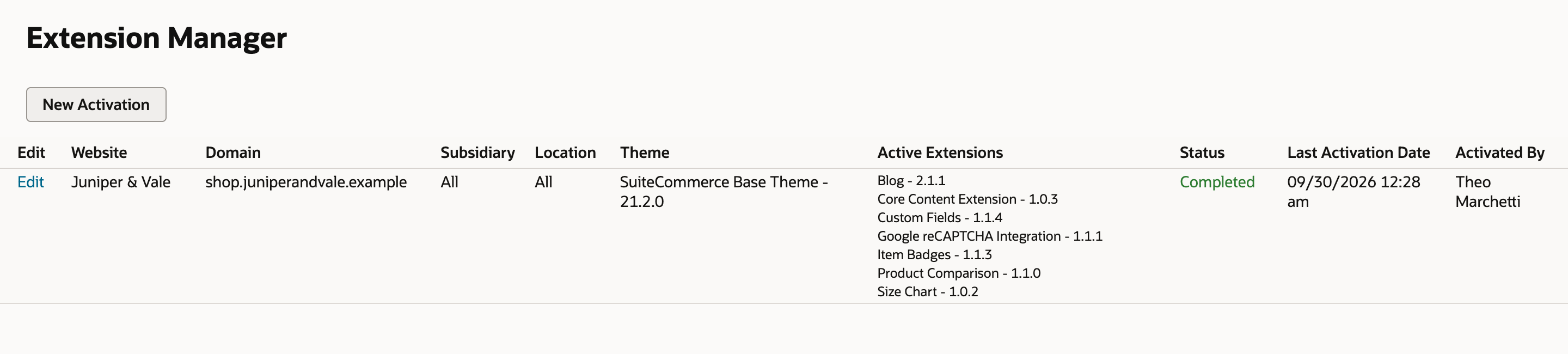 Extension Manager with the Juniper & Vale row for shop.juniperandvale.example. Active Extensions include Google reCAPTCHA Integration - 1.1.1, and Status is Completed. An arrow points to the reCAPTCHA entry.
