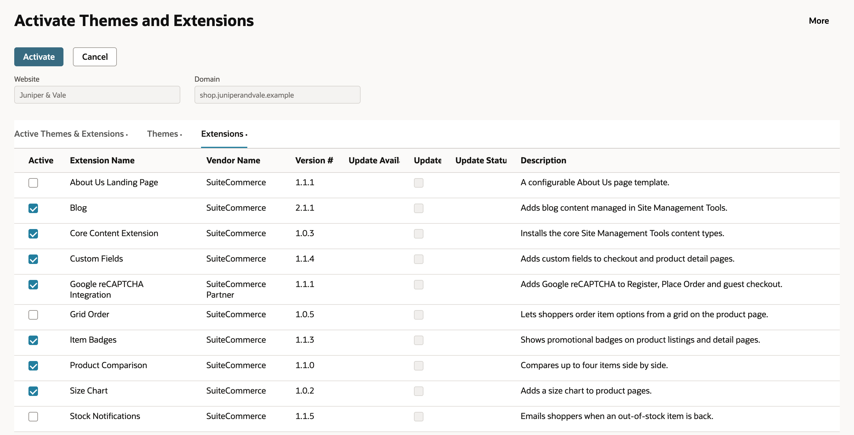 Activate Themes and Extensions for Juniper & Vale, shop.juniperandvale.example, on the Extensions subtab. Google reCAPTCHA Integration, vendor SuiteCommerce Partner, version 1.1.1, is checked. An arrow points to it.