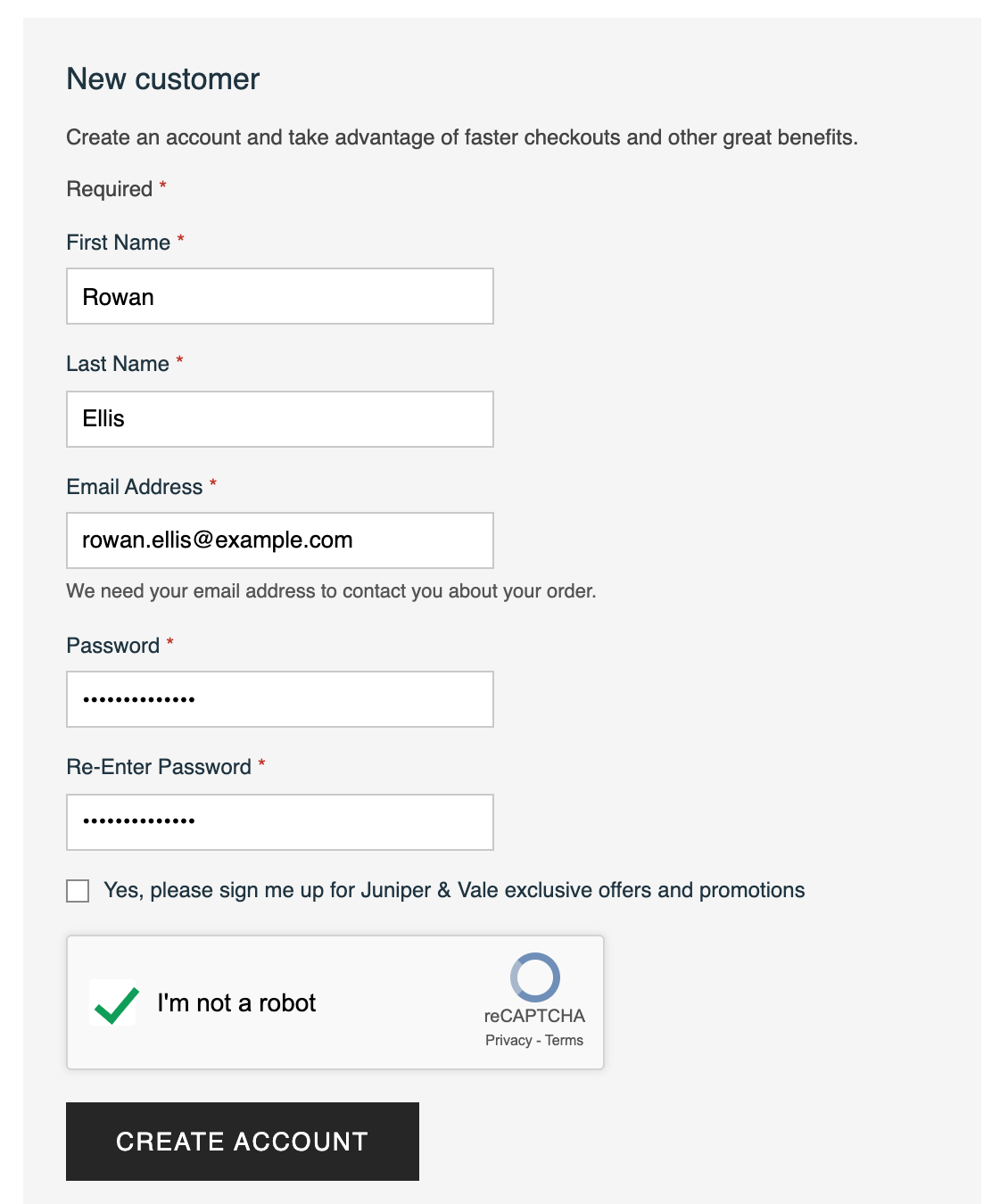 The New customer form filled in for Rowan Ellis, rowan.ellis@example.com, with a masked password, and the I'm not a robot box checked above Create Account.
