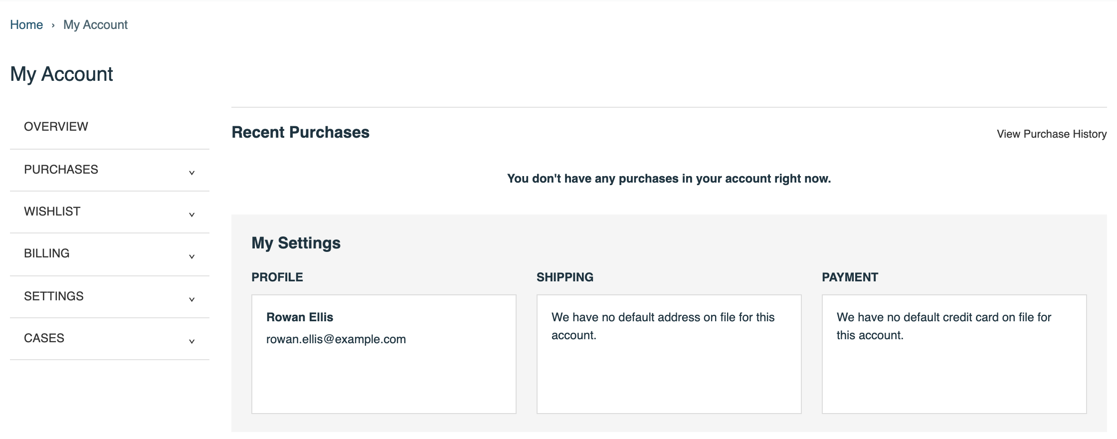 My Account on the Juniper & Vale store, showing Welcome Rowan and a Profile card with Rowan Ellis and rowan.ellis@example.com.