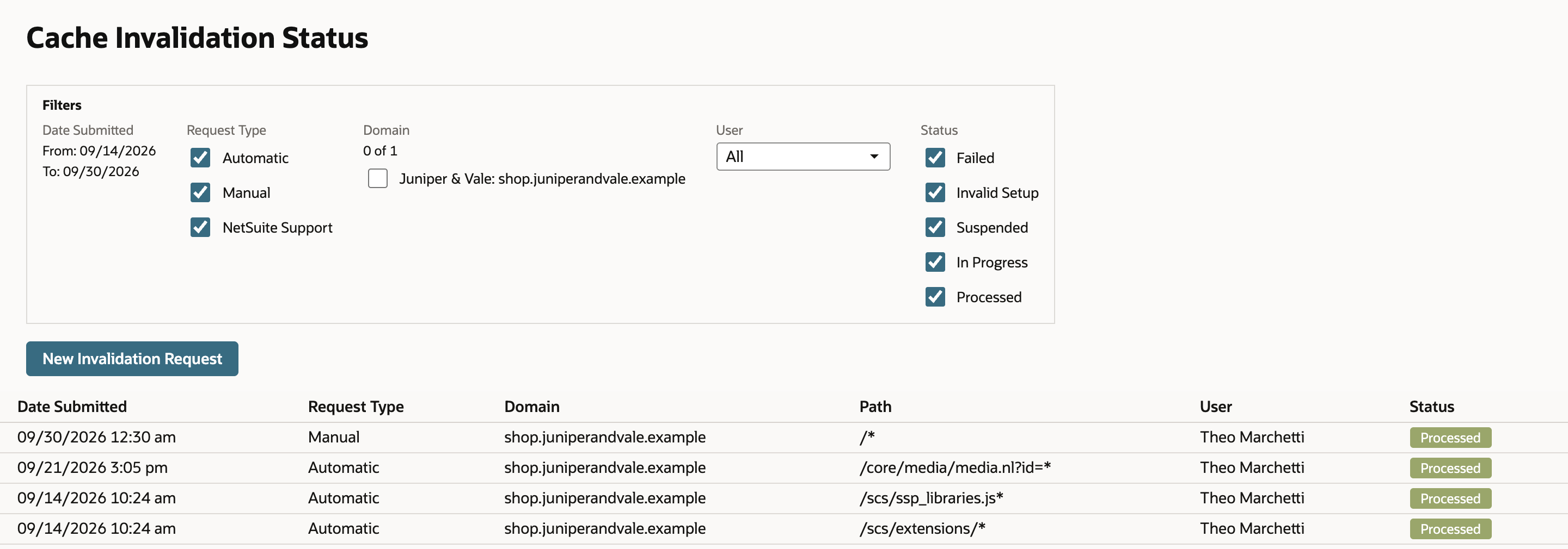 Cache Invalidation Status with a new top row: Request Type Manual, Domain shop.juniperandvale.example, Path /*, User Theo Marchetti, Status Processed.