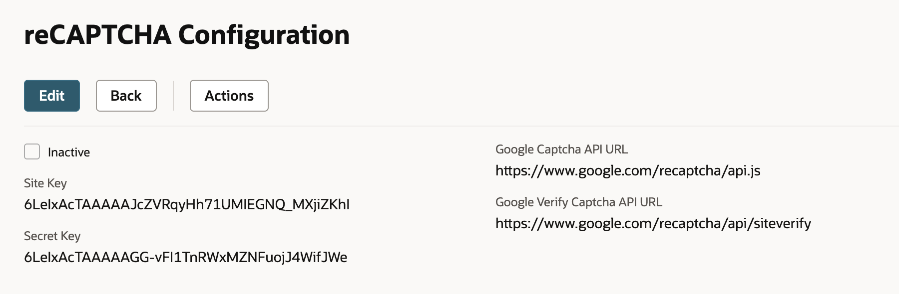 The saved reCAPTCHA Configuration record with a Site Key, a Secret Key, Google Captcha API URL https://www.google.com/recaptcha/api.js, and Google Verify Captcha API URL https://www.google.com/recaptcha/api/siteverify.