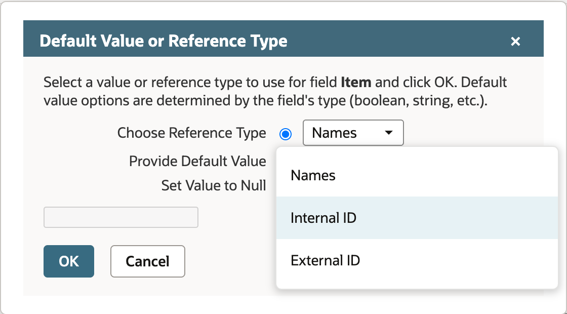 Item reference menu with the full Internal ID option highlighted.