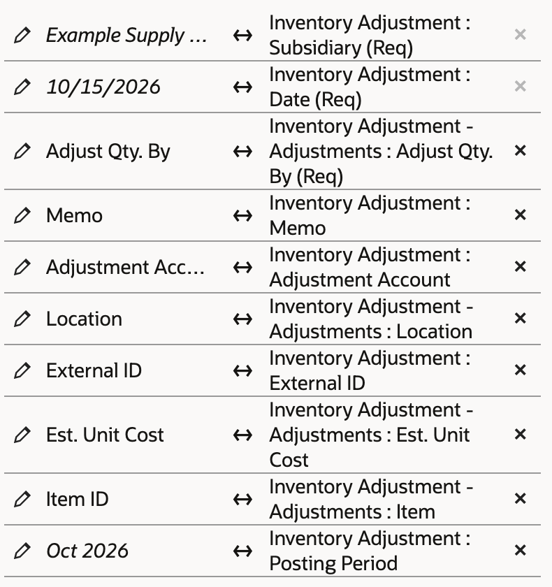 Inventory Adjustment header and line mappings with defaults.