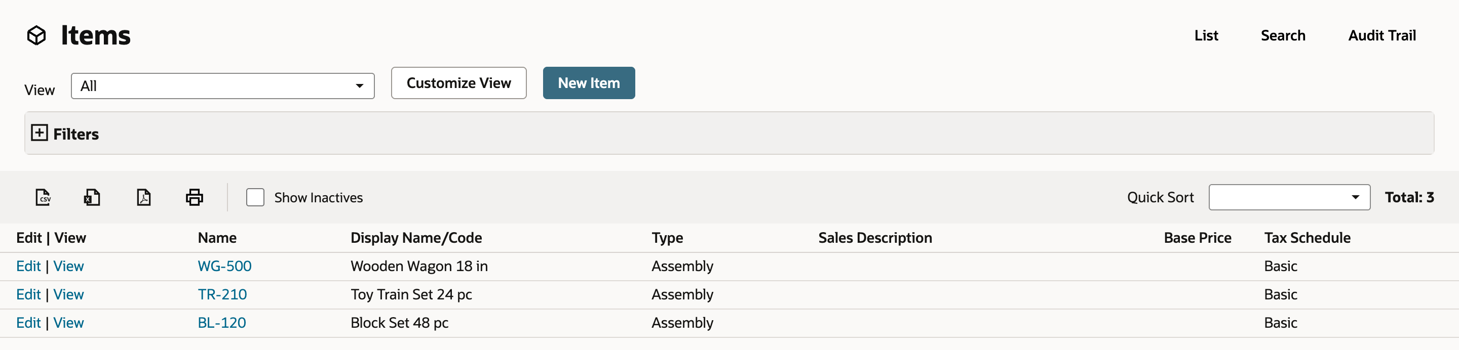 The Items list showing three assemblies, WG-500 Wooden Wagon 18 in, TR-210 Toy Train Set 24 pc and BL-120 Block Set 48 pc, each with Edit and View links.