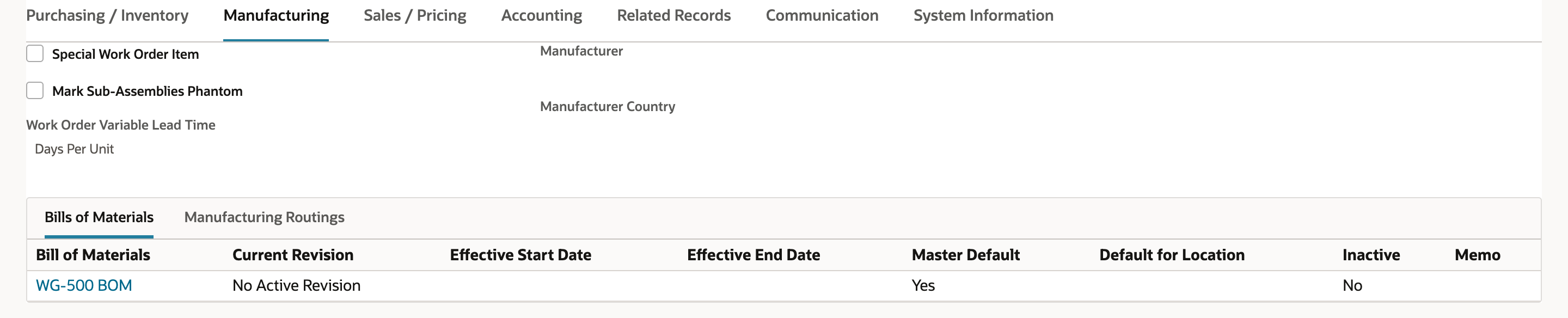 The saved assembly's Bills of Materials sublist listing WG-500 BOM with Current Revision No Active Revision, no dates, Master Default Yes and Inactive No.
