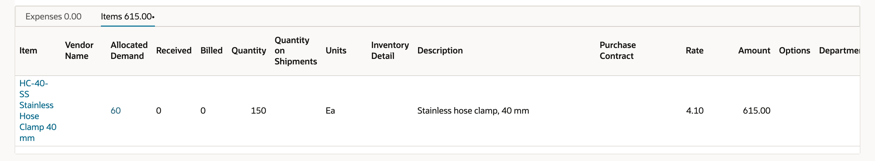 The Items subtab of PO6127 with Allocated Demand 60, marked by a red arrow, beside Received 0, Billed 0 and Quantity 150.