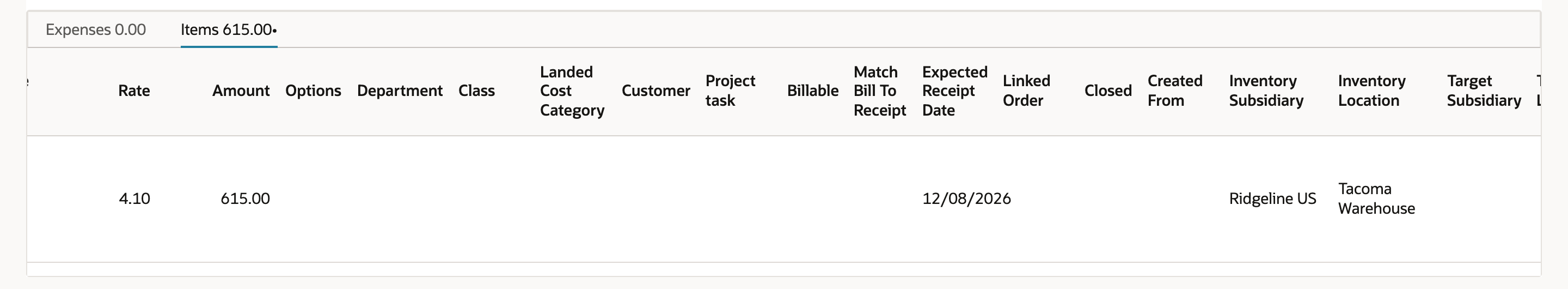 The Items subtab of PO6127 scrolled right, showing Expected Receipt Date 12/08/2026 for the HC-40-SS line.