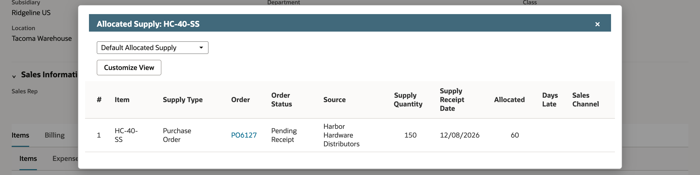 The Allocated Supply popup for HC-40-SS with one row: Supply Type Purchase Order, Order PO6127, Order Status Pending Receipt, Source Harbor Hardware Distributors, Supply Quantity 150, Supply Receipt Date 12/08/2026, Allocated 60.