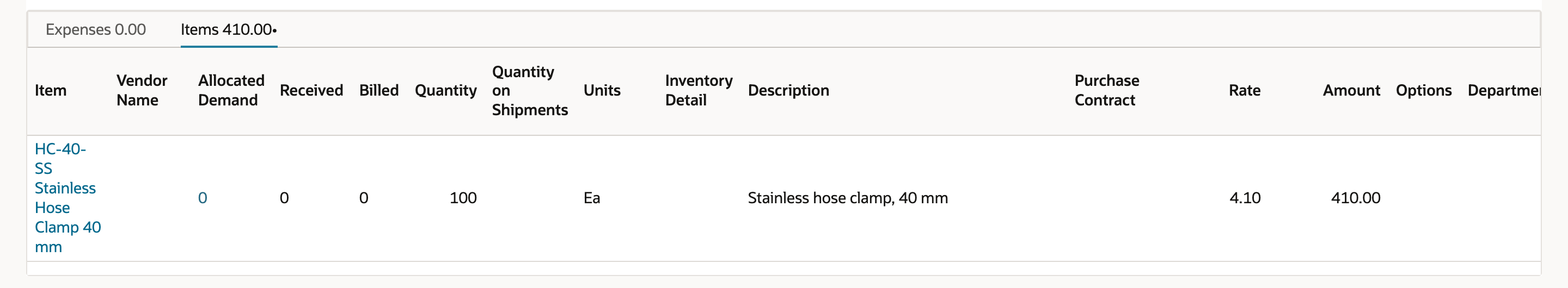 The Items subtab of PO6114 with Allocated Demand 0 for the HC-40-SS line.