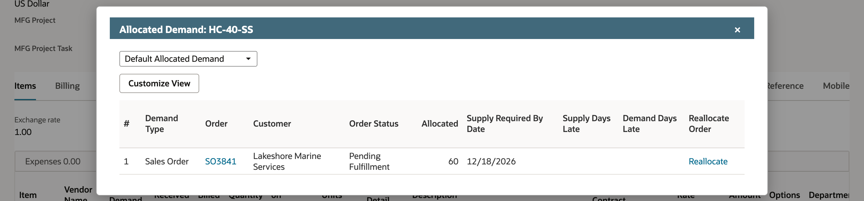 The Allocated Demand popup for HC-40-SS on PO6127 with one row: Sales Order SO3841, Lakeshore Marine Services, Pending Fulfillment, Allocated 60, Supply Required By Date 12/18/2026.