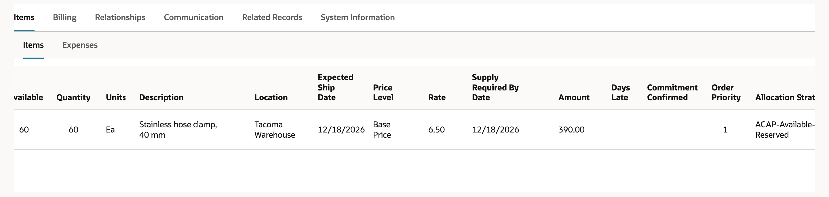 The right side of the SO3841 Items sublist after the save with Expected Ship Date 12/18/2026 and Supply Required By Date 12/18/2026.