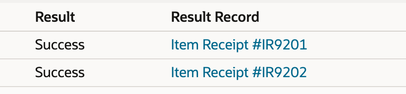 Two successful results link to Item Receipt IR9201 and IR9202.