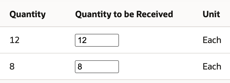 Quantity to be Received is 12 and 8, both in Each.